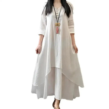 Women Elegant Linen White Dresses Bohemia Layering Vintage Robe Long Sleeve Loose Long Dress Female Autumn Vestidos - Lootquake