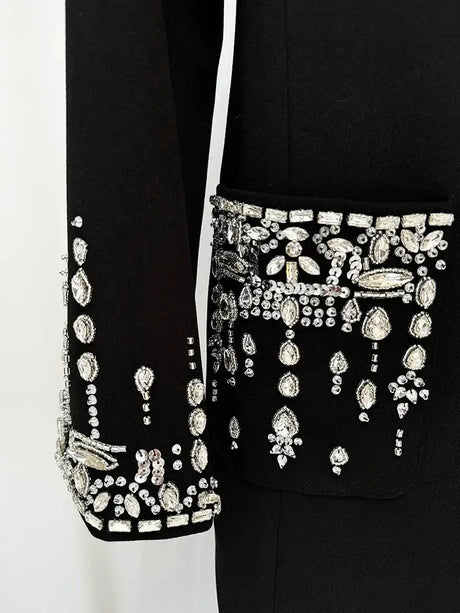 HIGH STREET Newest 2025 Designer Fashion Women's Long Sleeve Notched Collar Rhinestone Diamonds Beading Maxi Long Dress - Lootquake