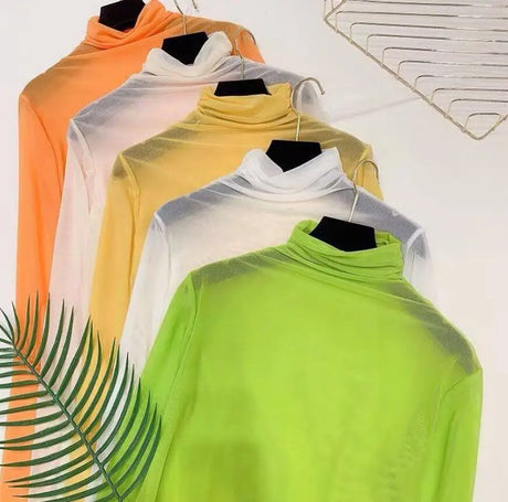Neon Shirt for Women Long Sleeve Stand Collar Sheer Top Yellow Gold Mesh Blouse Sexy Party Club Streetwear Hip Hop Tee Tops - Lootquake