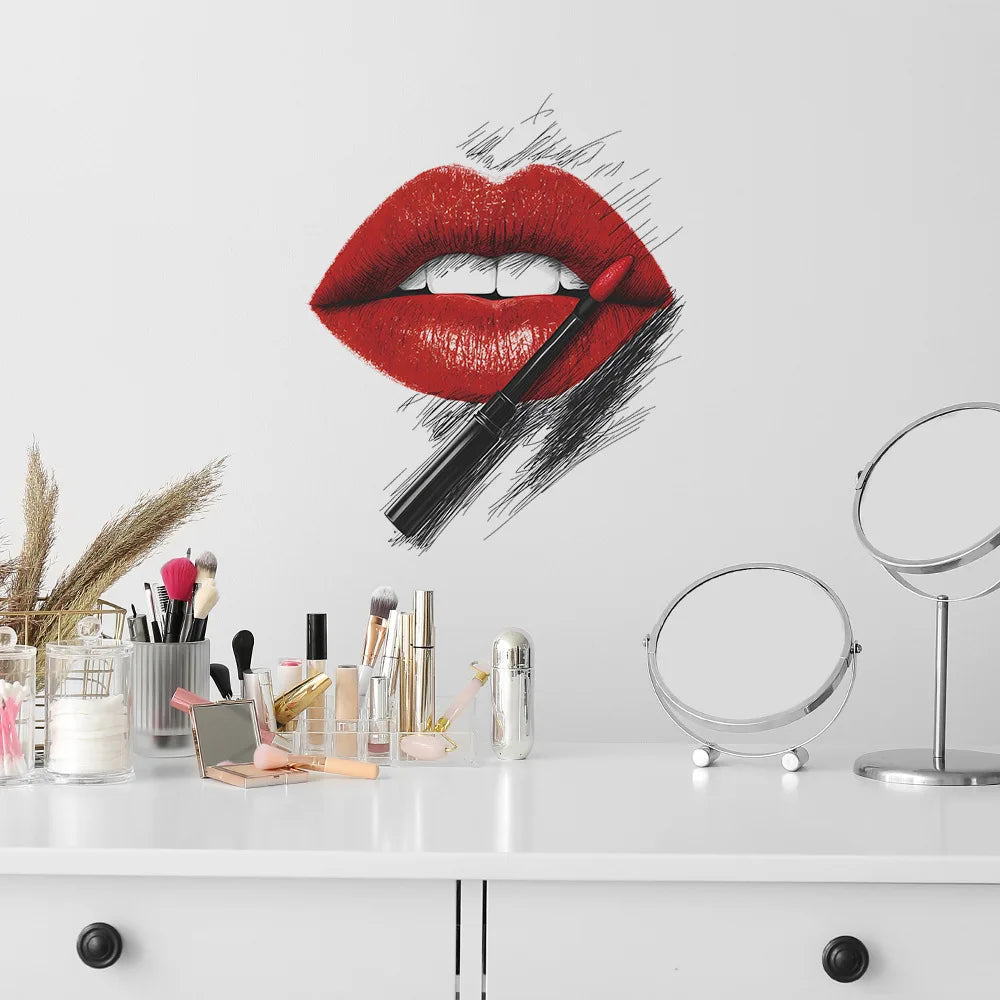 Painted Red Lips Lipstick Pattern Wall Stickers Bedroom Decoration Mural Living Room Home Decor Self-adhesive Personality Decals