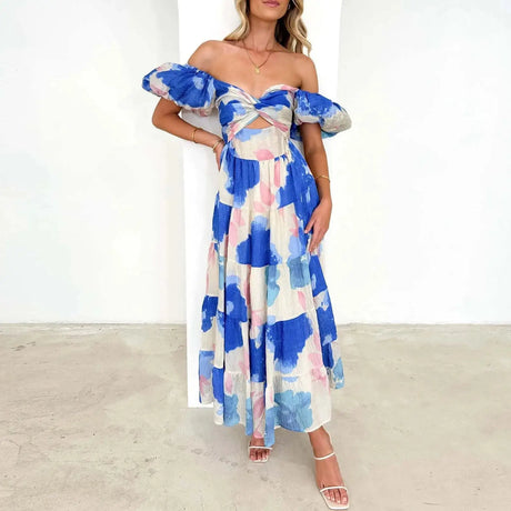 Summer V Neck Cutout Floral Print Dresses Elegant Women Puff Short Sleeve Casual Dress Pleated Waisted Swing Beach Long Dress - Lootquake