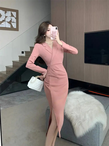 Women Pink Pleated Bodycon Formal Long Dress Autumn Winter Long Sleeve Chic Suit Dress 2025 Korean Fashion Elegant Party Dresses - Lootquake