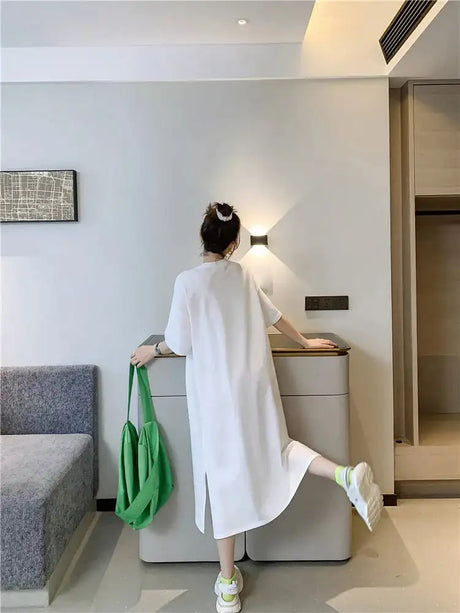 Harajuku Graphic White Long Dress Woman Clothing Y2k Casual Short Sleeve O-Neck Korean Fashion Summer Womens Loose Dresses 2024 - Lootquake