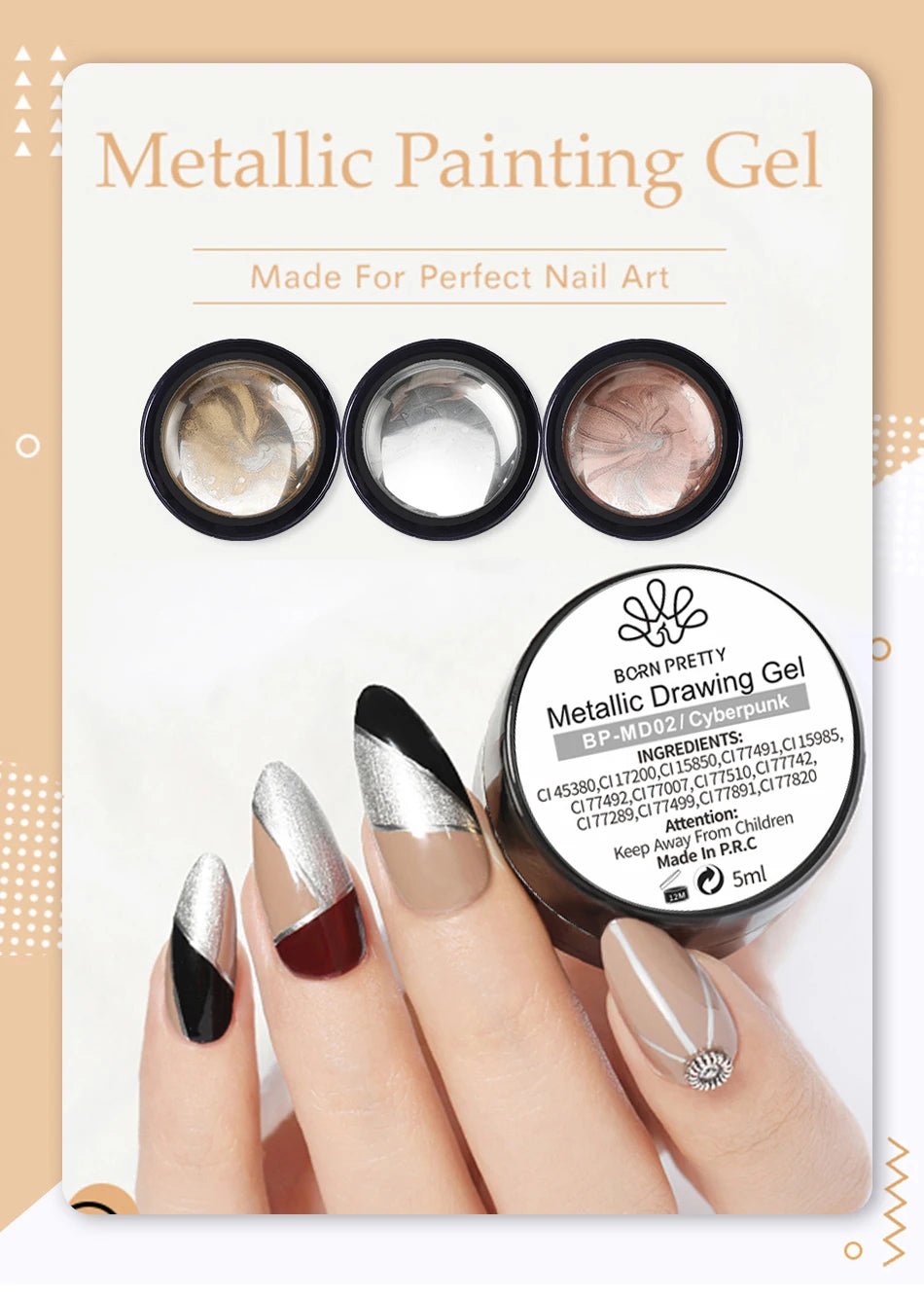 BORN PRETTY Metallic Painting Gel Gold Silver Mirror Effect Nail Polish Super Bright Drawing Line French Nail UV Painting Varnis