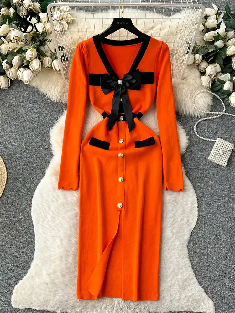 SINGREINY Office Lady Sweater Long Dress 2023 Bow Single Breasted Elastic Split Women Autumn Dress Fashion Senior Knitted Dress - Lootquake