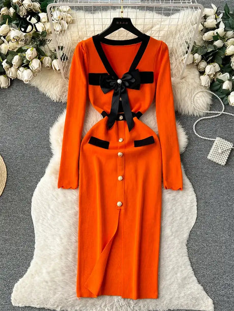 SINGREINY Office Lady Sweater Long Dress 2023 Bow Single Breasted Elastic Split Women Autumn Dress Fashion Senior Knitted Dress - Lootquake
