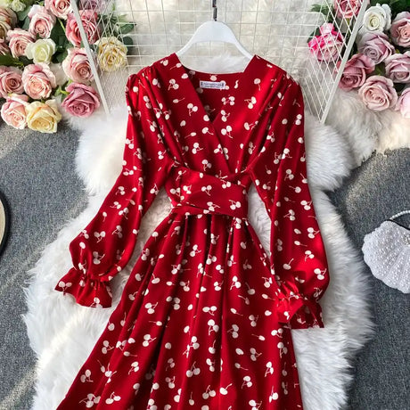 YuooMuoo Korean Fashion Cherry Print Women Dress 2025 New Spring Vintage Bandage Slim Waist Long Dress Elegant Party Vestidos - Lootquake