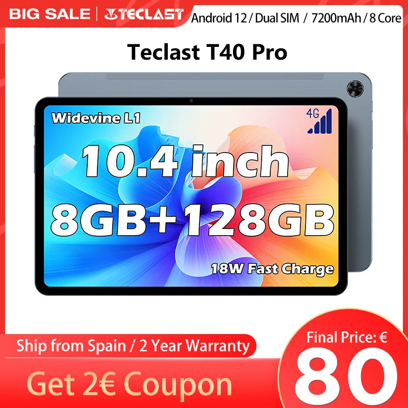 Tablette Teclast T40 Pro 10,4 pouces 8 Go RAM ROM 128 Go Android 11/12 7000 mAh charge rapide 2000 x 1200 UNISOC T618/T616 8 cœurs réseau 4G, Wifi, 13 MP + 8 MP
