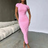 BWQ 2024 Women Solid Color Slim Short Sleeve Casual Pullover Sumer Long Dress Skinny Sexy Daily Dress - Lootquake