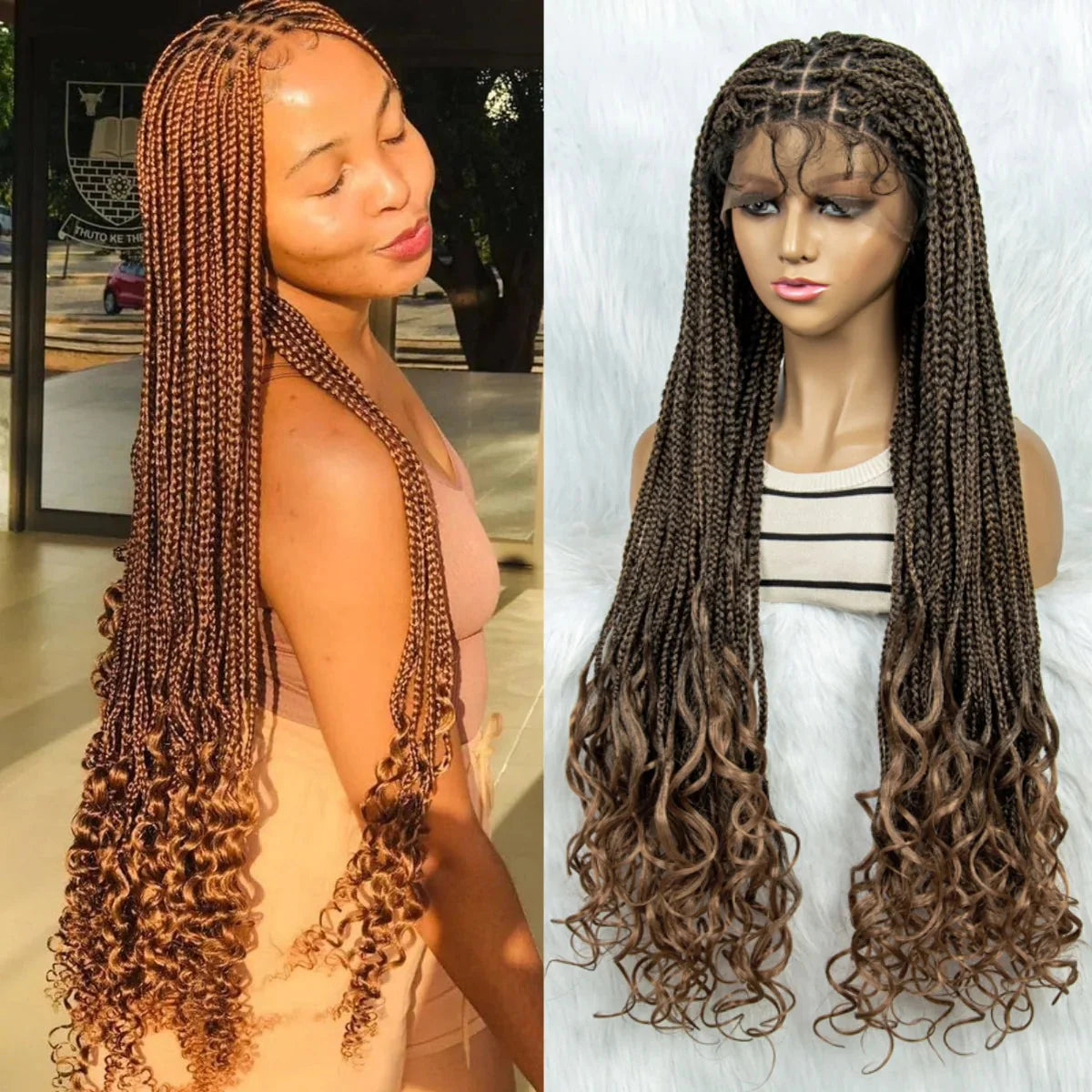 36 Inch Synthetic Braided Wigs Knotless Boho Braided Lace Wigs with Curly Ends Lace Front Braiding Hair Wig for Black Women