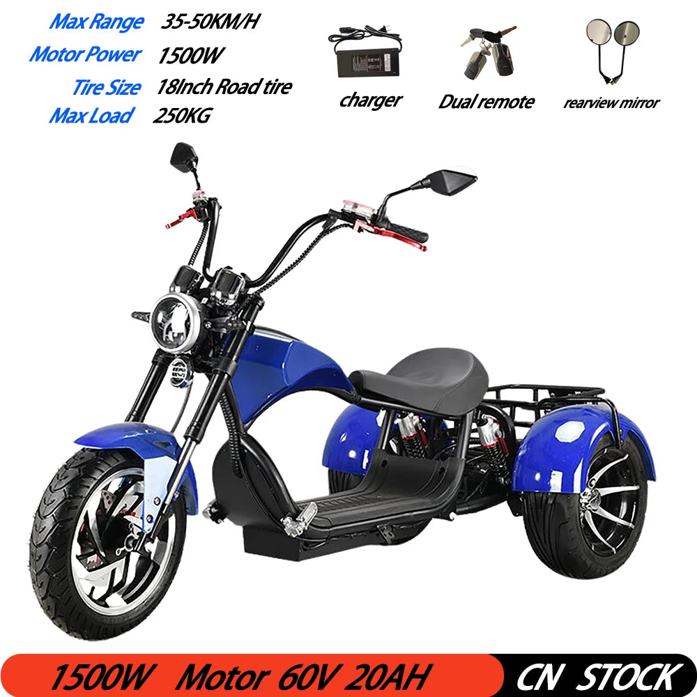 Trottinette électrique 3 roues pour adulte, moteur 2000 W, vitesse maximale 35-45 km/h, charge maximale 250 kg, pneus larges tout-terrain de 18 pouces