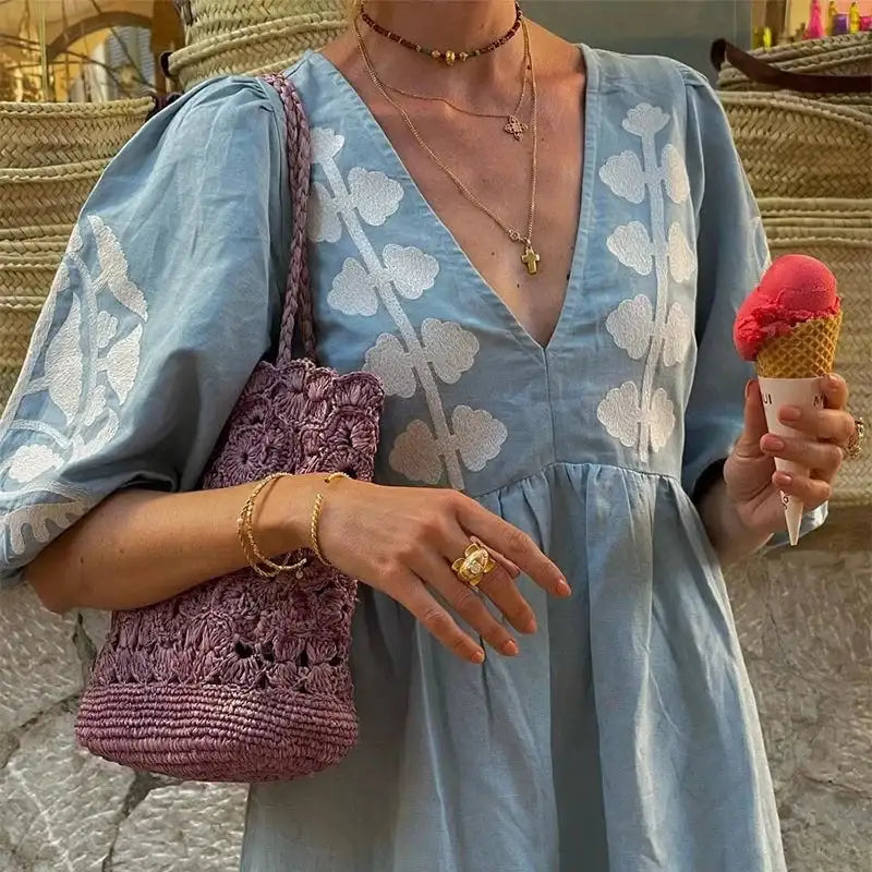Elegant Print Half Puff Sleeve Dresses Women Loose V-neck Lace Up Backless Long Dress 2024 Summer New Ladies Chic Beach Robes - Lootquake