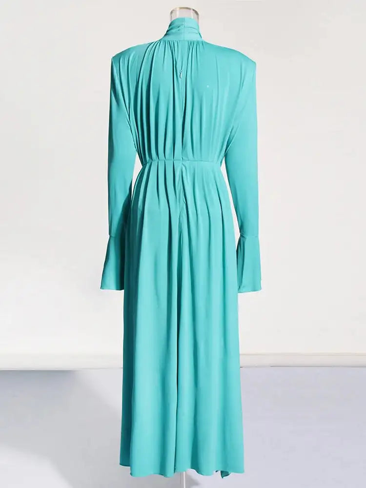 Solid Patchwork Appliques Dresses For Women Half High Collar Flare Sleeve High Waist Elegant Long Dress Female Fashion New - Lootquake