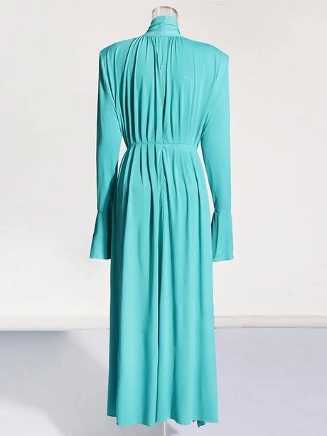 Solid Patchwork Appliques Dresses For Women Half High Collar Flare Sleeve High Waist Elegant Long Dress Female Fashion New - Lootquake