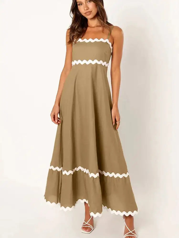 Striped Contrasting Colors Long Dress Women Spaghetti Strap High Waist Backless Party Evening Dresses Female Sleeveless Spring - Lootquake