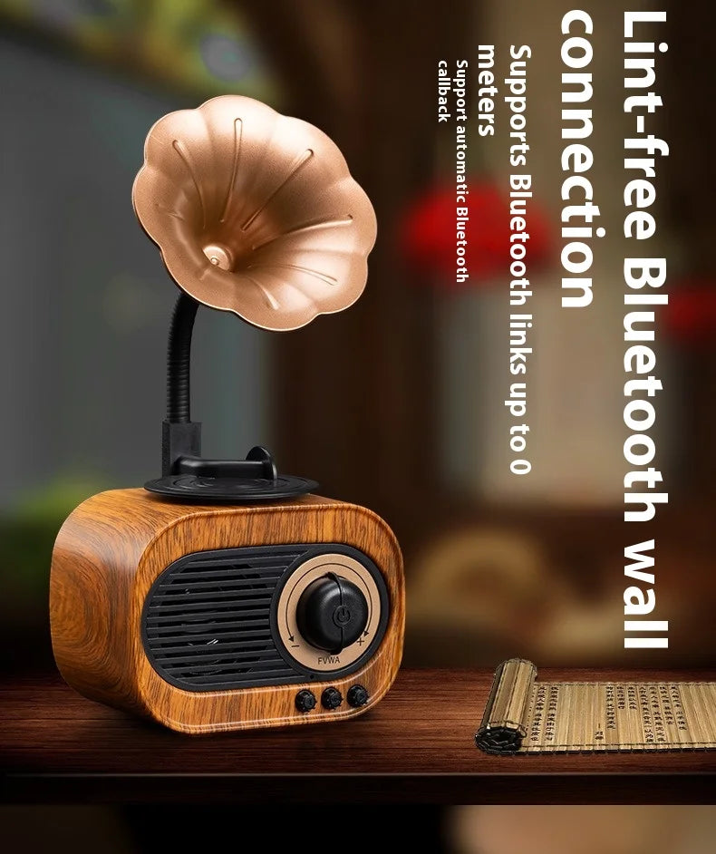 Altavoz Bluetooth retro de madera portátil, minialtavoz inalámbrico para exteriores con sistema de sonido, radio TF FM, música, MP3 y subwoofer.