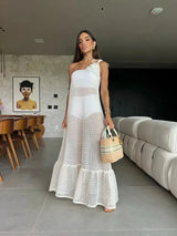 Sexy 3D Flower Long Dress Women 2024 Summer Semi-sheer Party Dresses Elegant Slim One Shoulder Maxi Vestidos Holiday Beach Robe - Lootquake