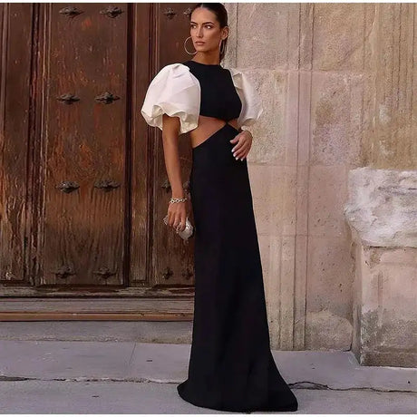 Elegant Puff Sleeve Long Dress For Women 2025 Sexy Hollow Out Waist Evening Party Dresses Female Vacation Lady Chic Beach Robe - Lootquake