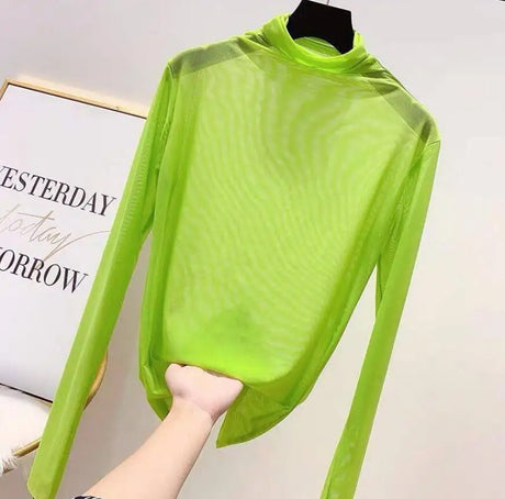 Neon Shirt for Women Long Sleeve Stand Collar Sheer Top Yellow Gold Mesh Blouse Sexy Party Club Streetwear Hip Hop Tee Tops - Lootquake