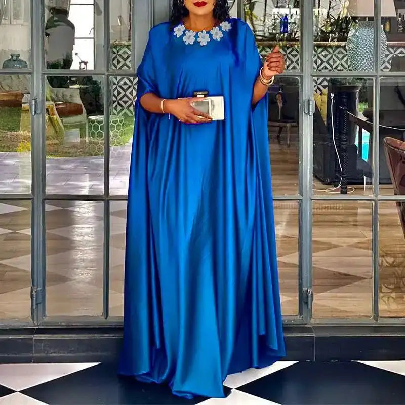 VONDA 2024 Elegant Women Satin Long Dress Autumn Maxi Sundress Elegant O-Neck 3/4 Bat Sleeve Casual Vestido Party Robe Oversize - Lootquake