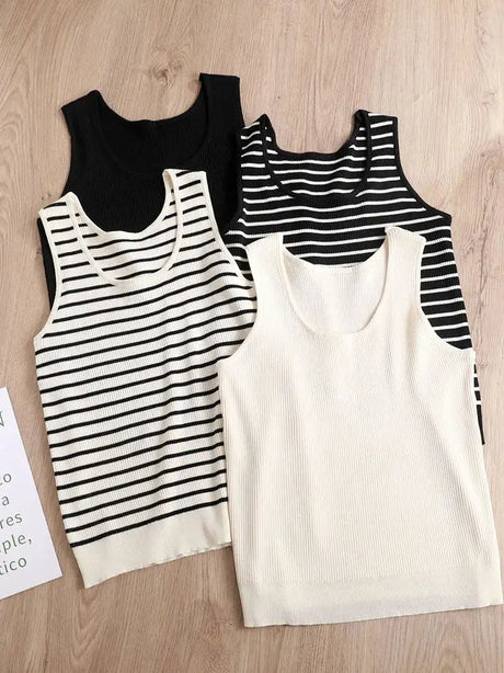 Top Women's loose-fitting striped, spicy Casual Sleeveless Top with round neckline and off-the-shoulder outdoor tank top, summer - Lootquake