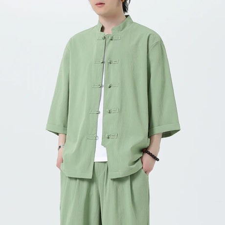 Men Chinese Style Hanfu Shirt 3/4 Sleeve Mens Loose Tops Tang Suit Solid Traditional Kung Fu Shirts Male Chinese Shirts M-5XL - Lootquake