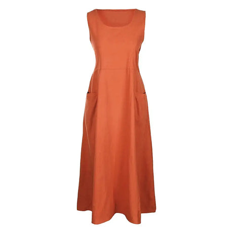 Cotton Linen Sleeveless Dress for Women Summer Pullover Skirt Vestidos Fashion Female Clothing Short Sleeved Loose Long Dress - Lootquake