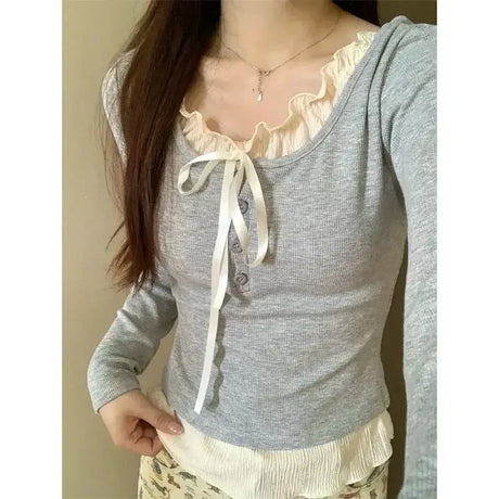 2024 Summer Kawaii Sweet Y2k Crop Tops Woman Casual Slim Long Sleeve Blouse Solid Korean Fashion Bodycon Pullover Office Lady - Lootquake