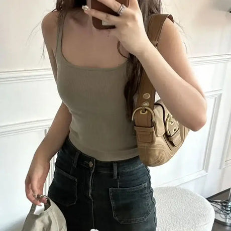 Solid All-Match Invisible Integrated Chest Pad Cami 2024 Spring New Korean Women clothes Short Sleeveless Top - Lootquake