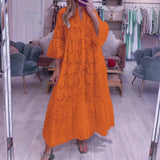Fitshinling Cotton Long Dress Women Costume Flare Sleeve Slim A-Line Robe Fashion Hollow Out Lace Maxi Dresses Dance Wear - Lootquake