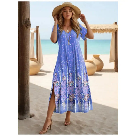 Elegant Dresses For Women Holiday V-Neck Long Dress 3d Vintage Flowers Print Short Sleeve Slit Skirt Summer New Beach Dresses - Lootquake