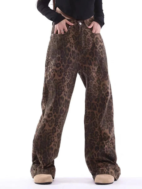 Vintage Leopard Print Jeans Women Spring Oversize Casual Hip Pop Wide Leg Trouser Trend High Waist Panther Denim Pants Ladies - Lootquake