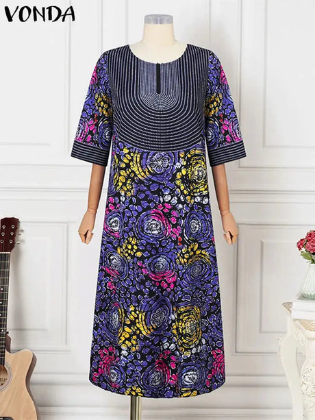 Plus Size Women Maxi Long Dress 2024 VONDA Vintage Half Sleeve Floral Printing Robes Dress Loose Oversize Vestido Streetwear - Lootquake