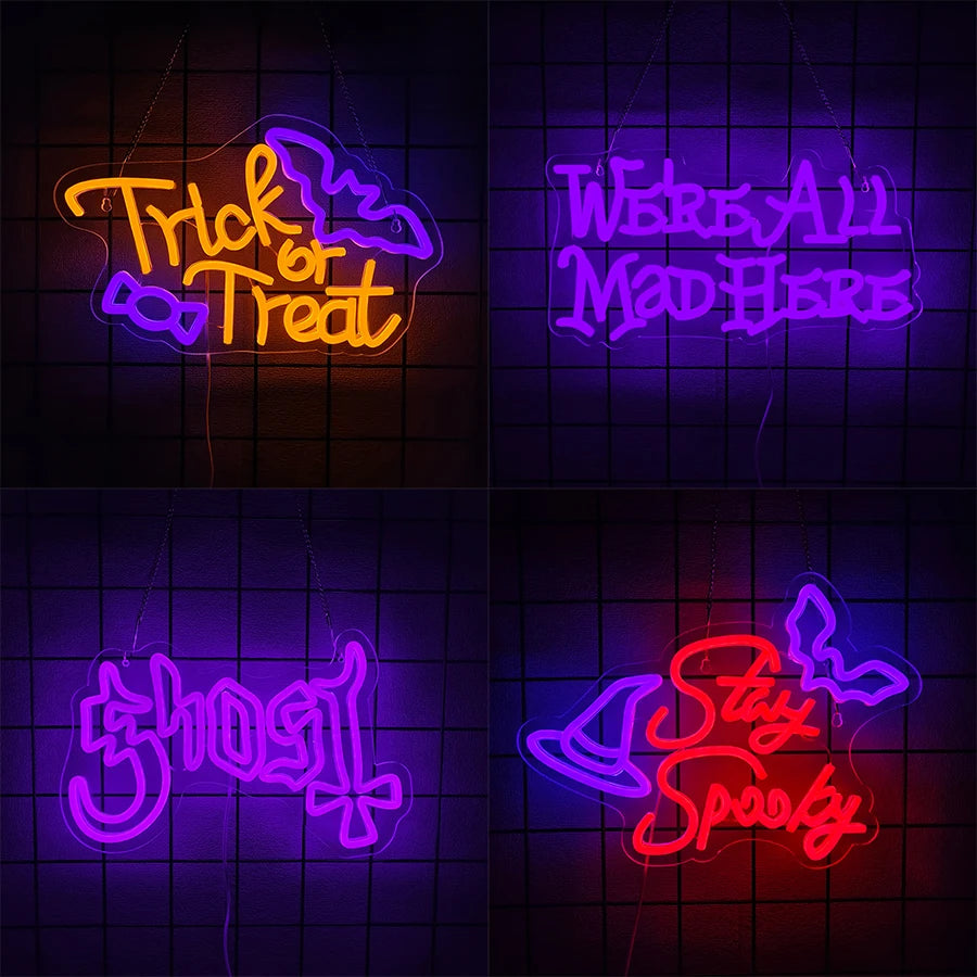 Halloween Neon Signs, Magic Hats And Weird Bat Icons Are Used For Decor In Rooms, Game Rooms, Scary Spaces, Clubs And Bars.