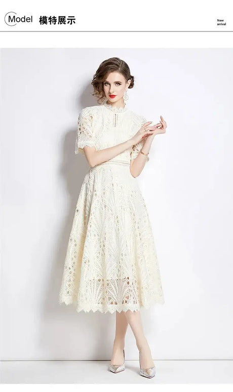 SMTHMA Vintage High-End O-Neck Short Sleeve Lace Hollow Out Dress For Women's Summer Slim Elegant Long Dress Female Clothing - Lootquake