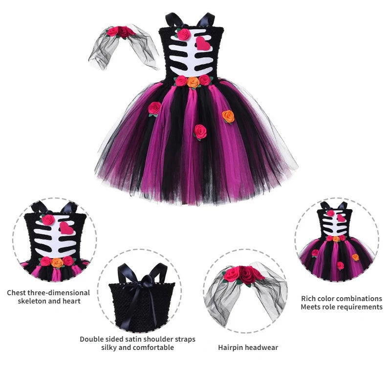 Scary Skeleton Halloween Costumes for Girls Kids Zombie Bride Fancy Dress Party Tutu Outfit Toddlers Children Cosplay Ball Gown