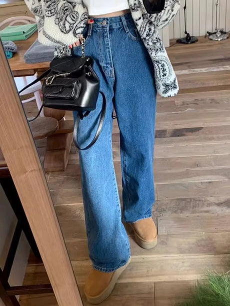 「MD」Retro High Waist Slimming Straight Leg Casual Washed Denim Jeans Women's Chic Spring Versatile Wide Leg Casual Loose Fit - Lootquake