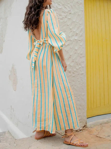 Hirigin Womens Summer Puff Sleeve Long Dress Boho Backless Tie Waist Maxi Dress Bohemian Midi Dress Gauze High Waist Dresses - Lootquake