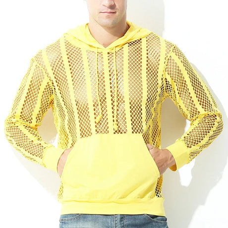 Men Mesh Shirt Transparent Long Sleeve Men Clothing Sexy Solid Party Nightclub Hooded Tops - Lootquake