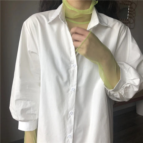 Neon Shirt for Women Long Sleeve Stand Collar Sheer Top Yellow Gold Mesh Blouse Sexy Party Club Streetwear Hip Hop Tee Tops - Lootquake