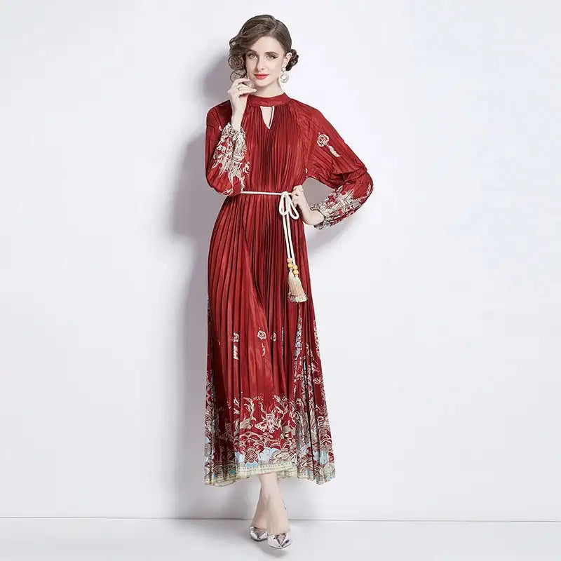 Spring Holiday Print Long Dress For Women Fashion Loose Lantern Sleeve Party Robe Female Big Swing Tassels Belt Pleated Clothes