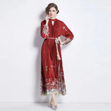 Spring Holiday Print Long Dress For Women Fashion Loose Lantern Sleeve Party Robe Female Big Swing Tassels Belt Pleated Clothes