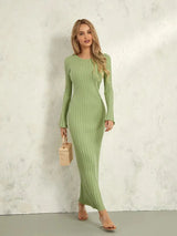 Women Spring Autumn Lace-up Knit Dress Elegant Long Sleeve Crew Neck Ribbed Solid Color Long Dress Streetwear