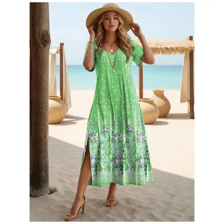 Elegant Dresses For Women Holiday V-Neck Long Dress 3d Vintage Flowers Print Short Sleeve Slit Skirt Summer New Beach Dresses - Lootquake