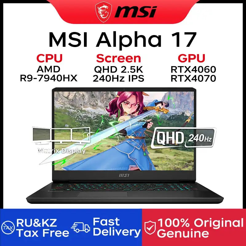 MSI Alpha 17 Gaming Laptop 17.3 Inch QHD 2.5K 240Hz IPS Screen Notebook AMD Ryzen R9-7940HX 16GB 1TB RTX4070 Gaming Computer PC - Lootquake