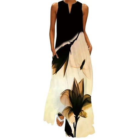 2024 New European and American Cross Border Summer Long Dress Women's Sleeveless V-neck Printed Sexy Dress - Lootquake