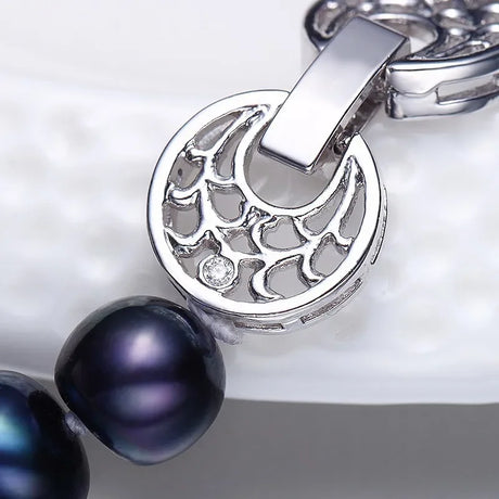 Women Natural Black Freshwater Pearl Jewelry Sets,925 Sterling Silver Necklace&Bracelet,9-10mm Beads Jewelry,Life Tree Buckle - Lootquake