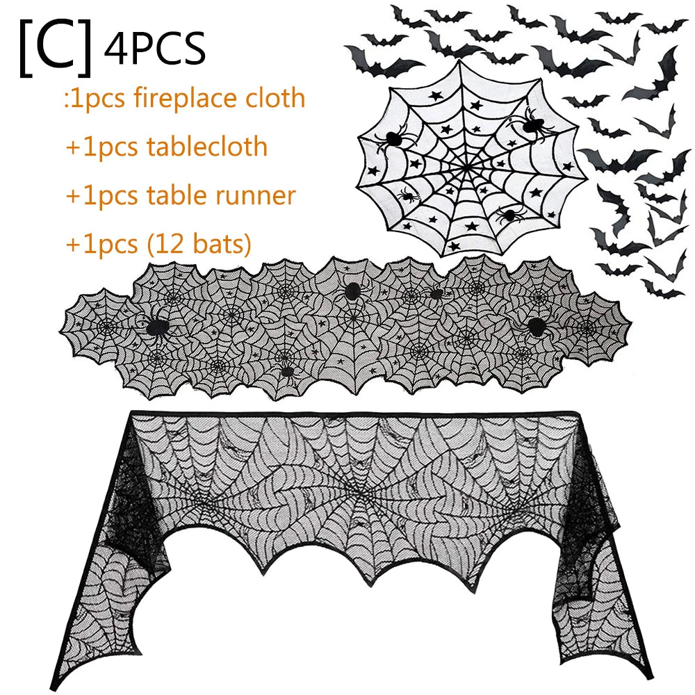 Halloween Decorations Set Spider Web Table Runner Fireplace Scarf Cover Tablecloth 3D Bats Wall Stickers Halloween Party Decor