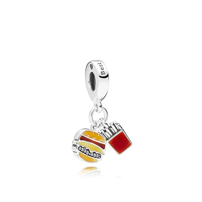 Dije de plata de ley 925 con forma de café, vino tinto, cafetera, copa de champán, compatible con pulseras colgantes originales, joyería DIY para mujer.