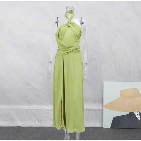 Hanging Neck Strap Split Long Dress Women Wrap Chest Backless High Waisted Slim Fit Robes Summer Chic Female Streetwear Vestido - Lootquake